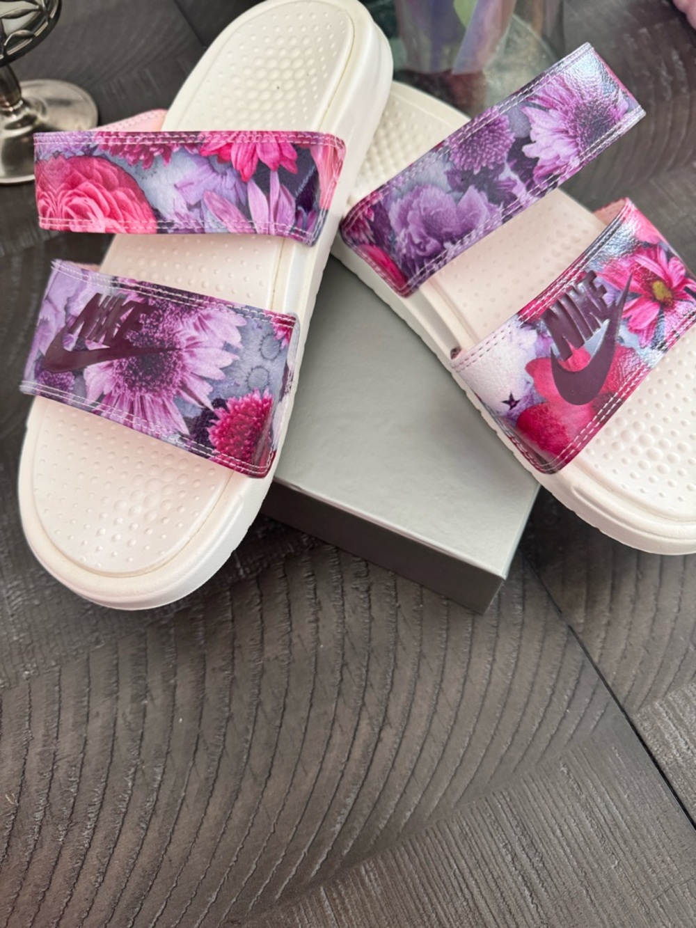 Nike women White Slides with Pink & Purple Floral Straps